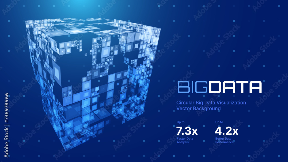 Aufkleber 3D Hi-Tech Cube. Big Data Cube Machine Learning Server Concept Background. Light Dots with Depth of Field Effect. Data Sorting. Business Server Security Artificial Intelligence HUD Design Element.