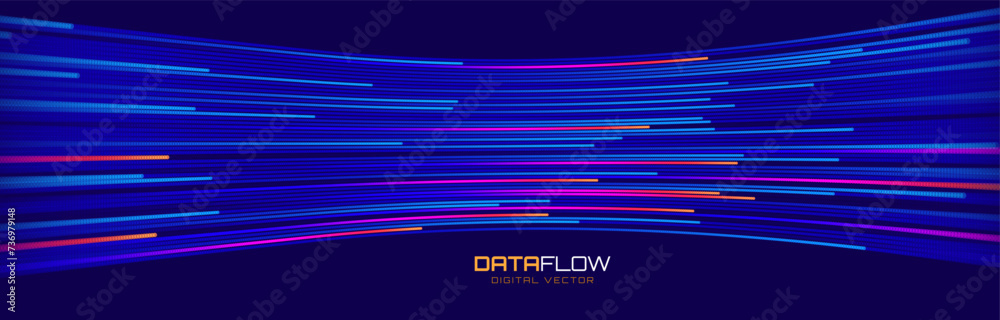 Poster Digital Data Flow Vector Background. Big Data Technology Lines. 5G Wireless Data Transmission. High Speed of Light Trails. Information Flow in Virtual Reality Cyberspace. Vector Illustration.