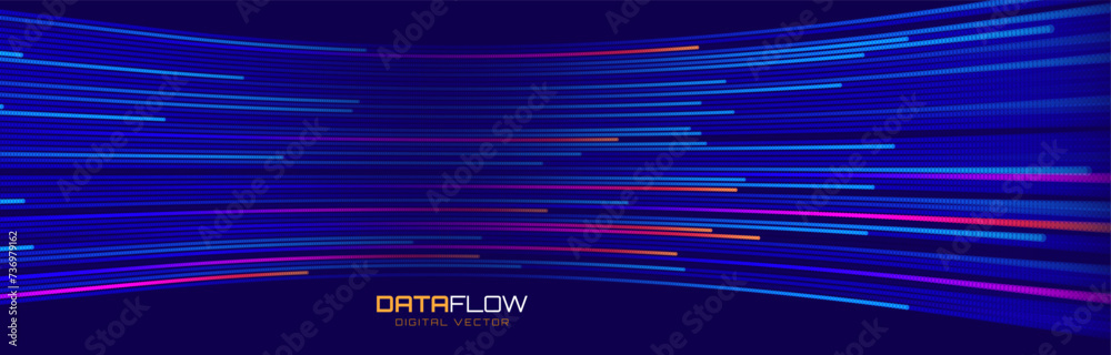 Poster Digital Data Flow Vector Background. Big Data Technology Lines. 5G Wireless Data Transmission. High Speed of Light Trails. Information Flow in Virtual Reality Cyberspace. Vector Illustration.