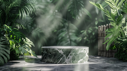 Luxurious stonemarble pedestal basks in foliage gobo sunlight. Wooden rod backdrop adds depth and elegance. Ideal for premium product showcases and sophisticated designs. - obrazy, fototapety, plakaty