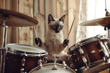 Cat drummer plays an acoustic drum kit. Realistic funny photo