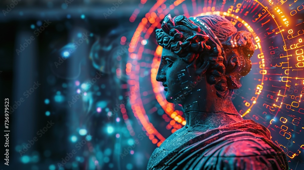 Poster statue with a backdrop of digital binary code in neon colors, showcasing the contrast between ancien