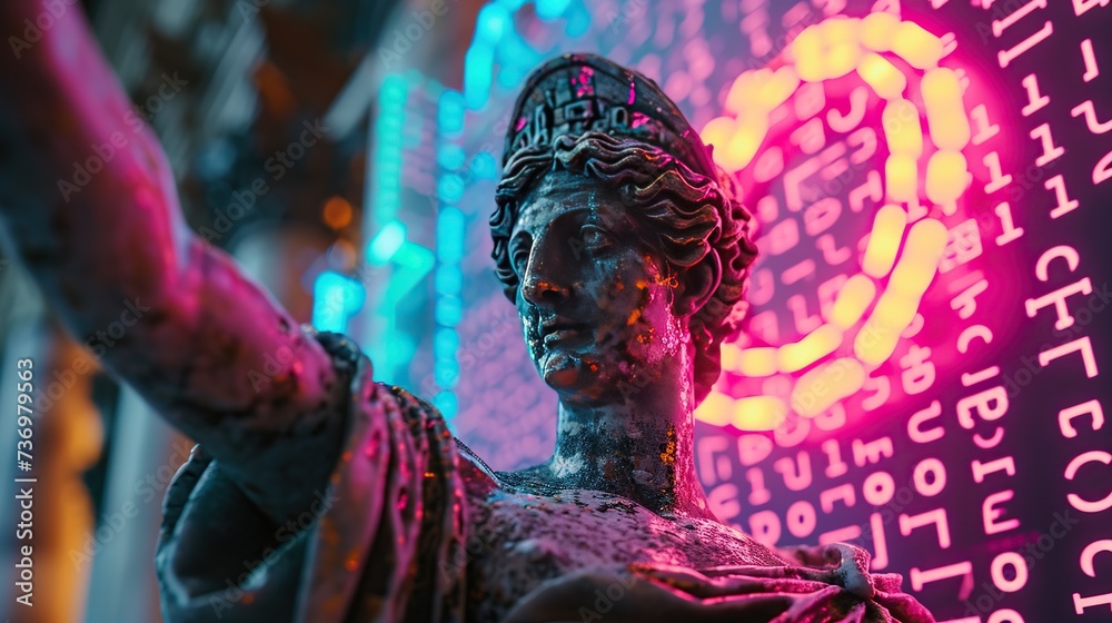 Poster statue in neon light with digital binary code, representing a fusion of classical art and modern dig