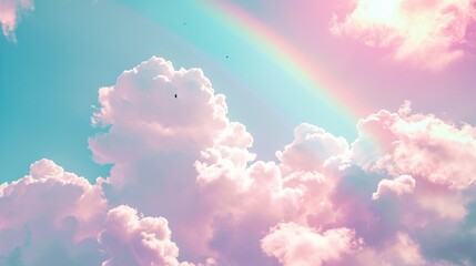 Vibrant rainbow arcs over a scenic cloud landscape, offering an uplifting and colorful background, ideal for positive themes and inspirational content, with copy space.