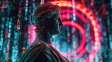 A cyber-themed backdrop featuring a classical statue profile with flowing digital numbers, blending history with futuristic concepts, perfect for creative digital media, with space for text.