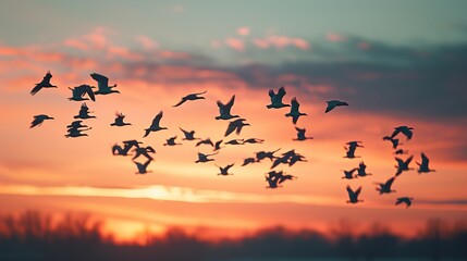 Silhouette of a bird flock against the fiery hues of a sunset sky, encapsulating the beauty of migration and the allure of dusk, ideal for themes of nature and freedom with generous space for text