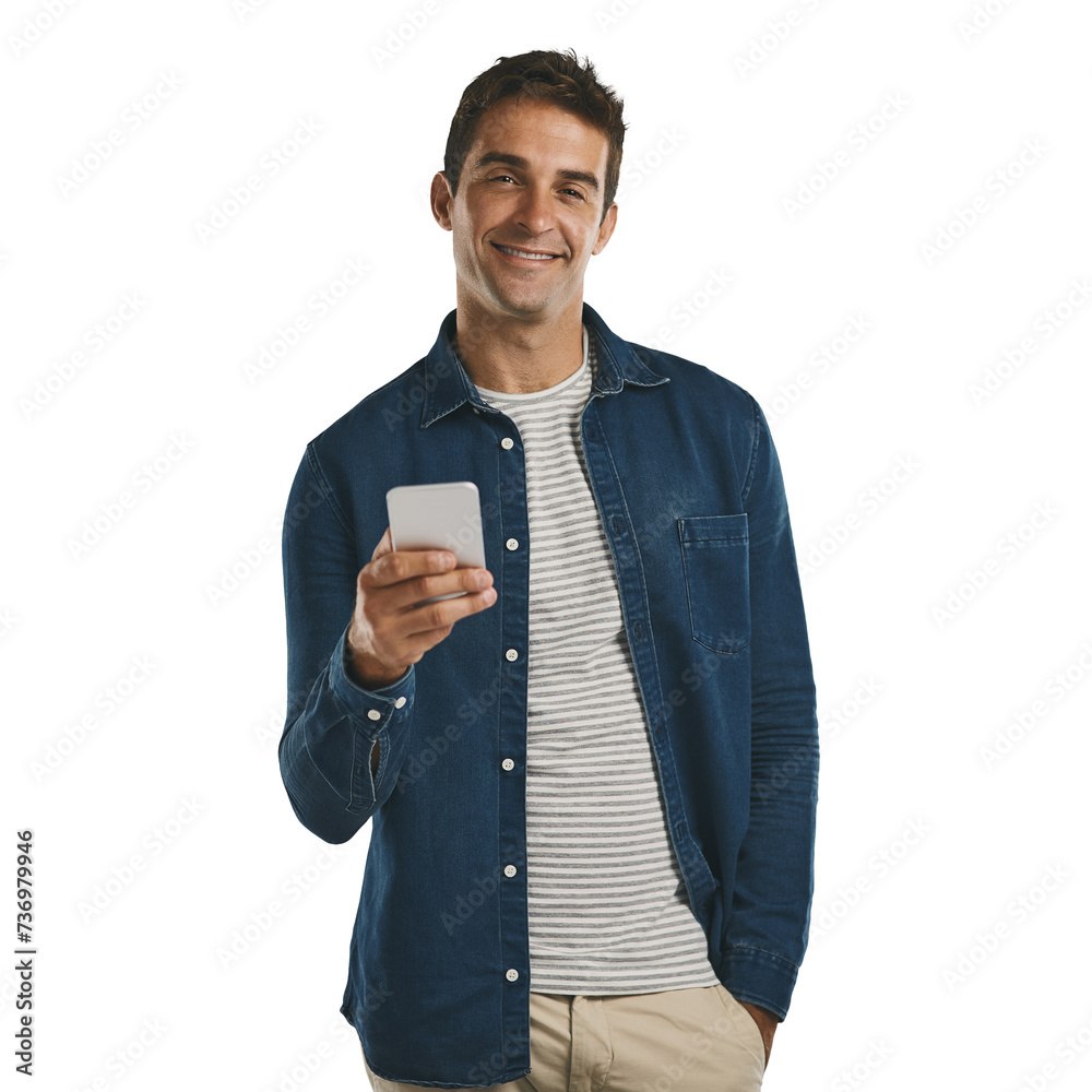 Poster portrait, smile and man with phone for social media, internet and communication isolated on a transp
