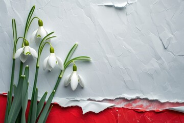 Snowdrop flowers on torn paper for 8 March holiday. - obrazy, fototapety, plakaty