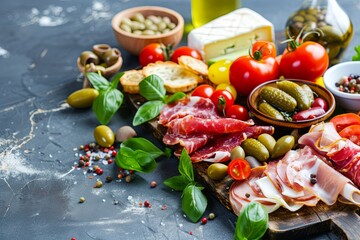 Trendy antipasti board, Appetizers with differents antipasti, charcuterie, snacks and red wine. Sausage, ham, tapas, olives and crackers for buffet summer party