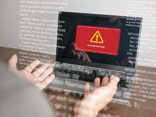 Cyber security concept. System hacked warning alerts on a computer notebook screen. Cybercrime,...