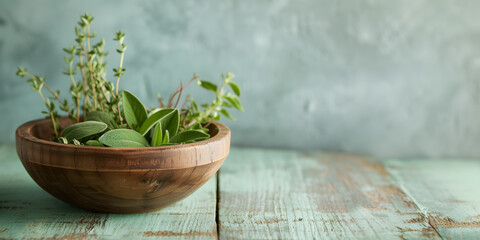 Fresh Herbs in Wooden Bowl on Rustic Table