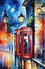 Beautiful watercolor illustration of red London telephone boxes in London, UK.