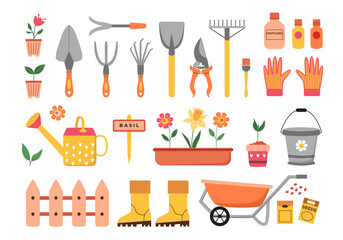Colorful gardening icons and doodles. Spring farming works. Garden tools, watering can, bucket, wheelbarrow, seeds, plants, fertilizer, boots, gloves. Hand drawn. Vector drawings isolated on white.