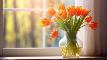 A Vase of Orange Tulips on a Window Sill