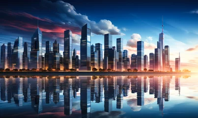 Tuinposter Reflective Waterfront Panorama of Modern City Skyline with Skyscrapers and Bright Blue Sky at Dusk, Urban Architecture and Futuristic Metropolitan Cityscape Concept © Bartek
