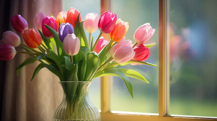 Vase Filled With Colorful Tulips