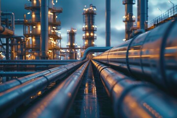 Pipeline and pipe rack of petroleum, chemical, hydrogen or ammonia industrial plant. Industrial zone Close up. - obrazy, fototapety, plakaty
