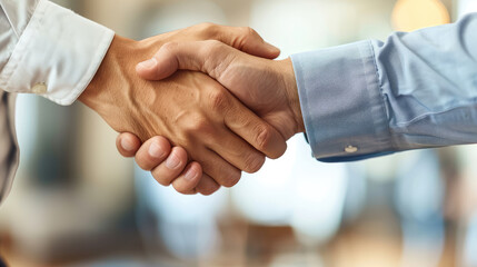 Close-up of a firm handshake between two professionals in a corporate setting