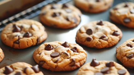 Close-Up of a Tray of Chocolate Chip Cookies