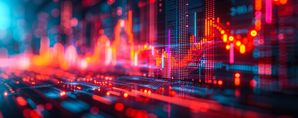 Fototapeta premium Futuristic financial chart with glowing neon lines on a dark background, symbolizing advanced stock market analytics and cyber data visualization