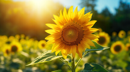 Portrait of a sunflower in a sunflower field in nature's sunshine - green nature | Generative AI