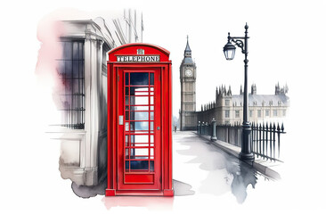 Obraz premium Beautiful watercolor illustration of red London telephone boxes in London, UK.