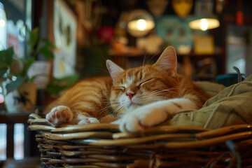Cat sleeping on basket in cat cafe.AI generated