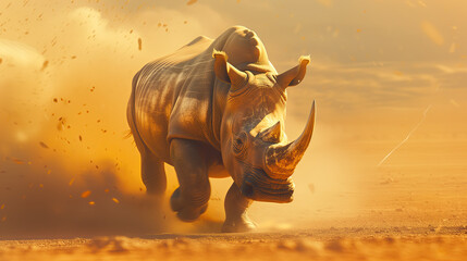 a rhino walking in the dirt in natural habitat - obrazy, fototapety, plakaty