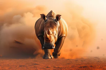 Zelfklevend Fotobehang a rhino walking in the dirt in natural habitat © Rangga Bimantara