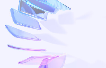 3d abstract geometric background with rainbow glass plates top view. Crystal rectangles with blue pink gradient texture, light refraction and shadow. Fashion banner with empty space. 3D illustration