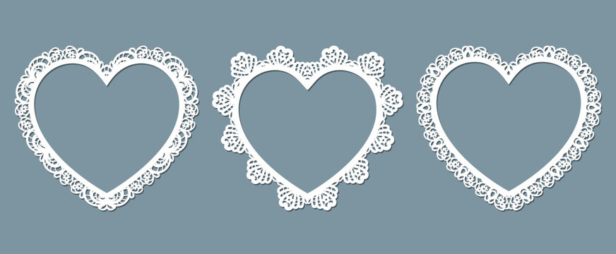 Set vector frame with lace border in the shape of a heart