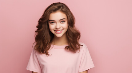 Fototapeta premium Smiling girl in white t-shirt on pink background mockup. Beautiful happy woman model looking at camera