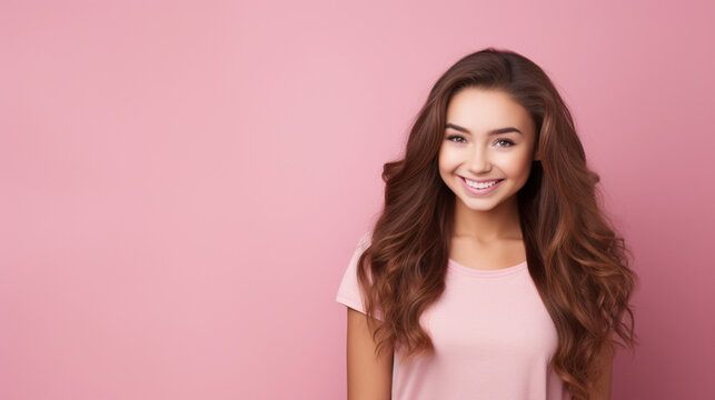 Smiling girl in white t-shirt on pink background mockup. Beautiful happy woman model looking at camera