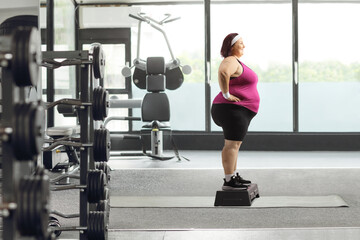Fototapeta premium Full length profile shot of a plus size woman in sportswear standing on a stepper
