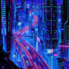 Design a futuristic cityscape with sleek skyscrapers and advanced transportation systems bathed in the glow of neon lights