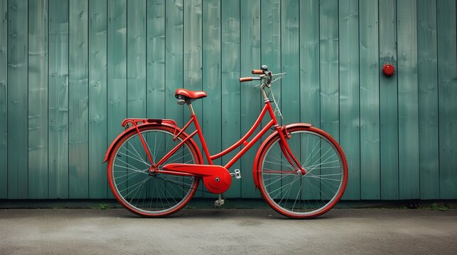 A red bicycle is parked on the roadside