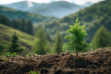 Planting new trees. planting new trees in an open area of a mountain. conifer trees