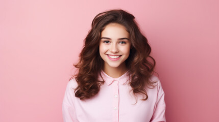 Fototapeta premium Smiling girl in white t-shirt on pink background mockup. Beautiful happy woman model looking at camera