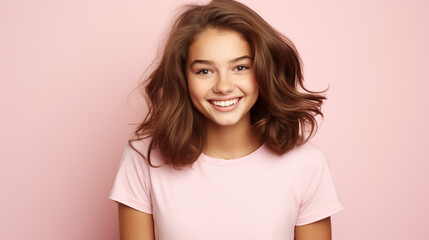 Obraz premium Smiling girl in white t-shirt on pink background mockup. Beautiful happy woman model looking at camera