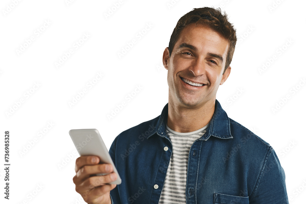 Poster Man, portrait and smile with phone, texting and message for communication and connection. Model, technology and happiness for social media and contact isolated on a transparent, png background