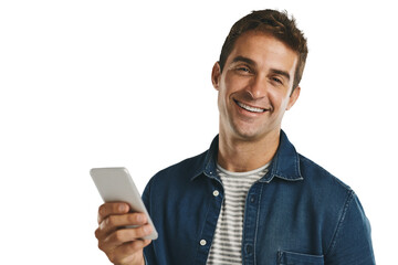 Man, portrait and smile with phone, texting and message for communication and connection. Model,...