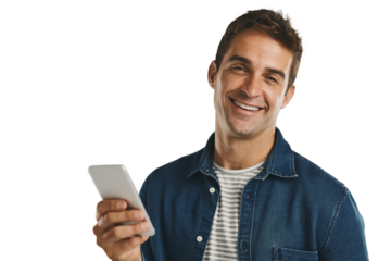Man, portrait and smile with phone, texting and message for communication and connection. Model, technology and happiness for social media and contact isolated on a transparent, png background