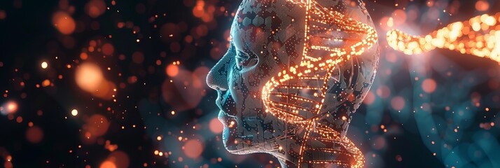 DNA double helix intertwined with digital AI elements highlights the role of AI in genetic research and personalized medicine - obrazy, fototapety, plakaty