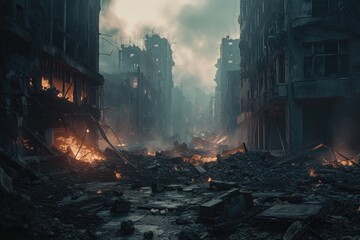 Post-apocalyptic abandoned city. Destroyed buildings, burning rubble, polluted water and air. Devastated remains of post-apocalyptic terrain - obrazy, fototapety, plakaty