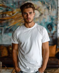 Men's White Short Sleeve Round Neck T-Shirt Mockup It is a useful tool for clothing designers to help visualize T-shirts before actual production Save time and money and makes it easier to decide.