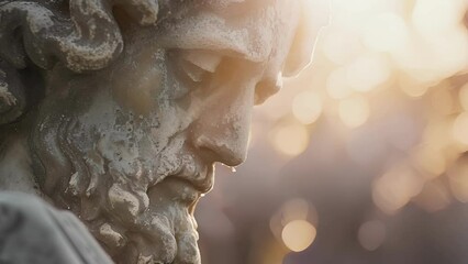 A weathered statue of a historical figure its features brought to life by the gentle backlight.