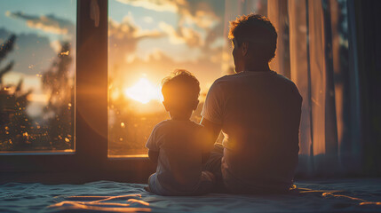 Silhouette of a parent and child enjoying a tranquil sunset together by the window - obrazy, fototapety, plakaty