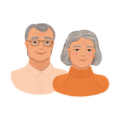 Vector Colorful Textured Illustration of Grandparents Portrait Isolated on White Background