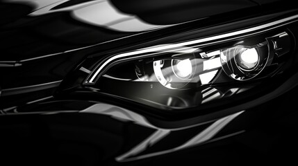 Close-up of a modern black car's headlights in a generic, unbranded manner