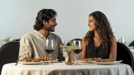 Happy Indian couple enjoying a romantic dinner with wine glasses on the table.